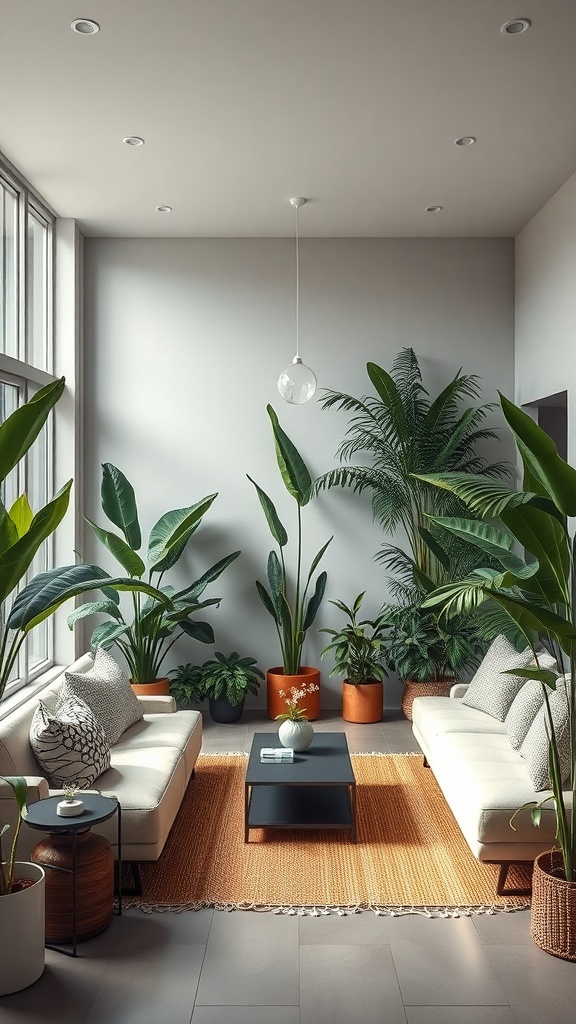 Cozy sunken lounge with indoor plants, soft lighting, and a warm rug.