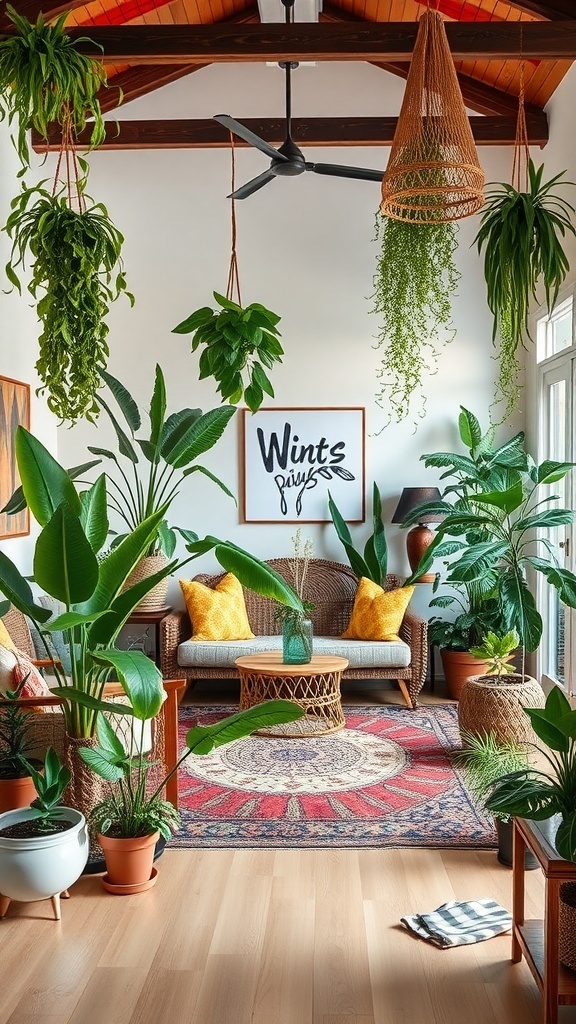 A boho living room filled with various indoor plants, featuring a cozy seating area and a colorful rug.