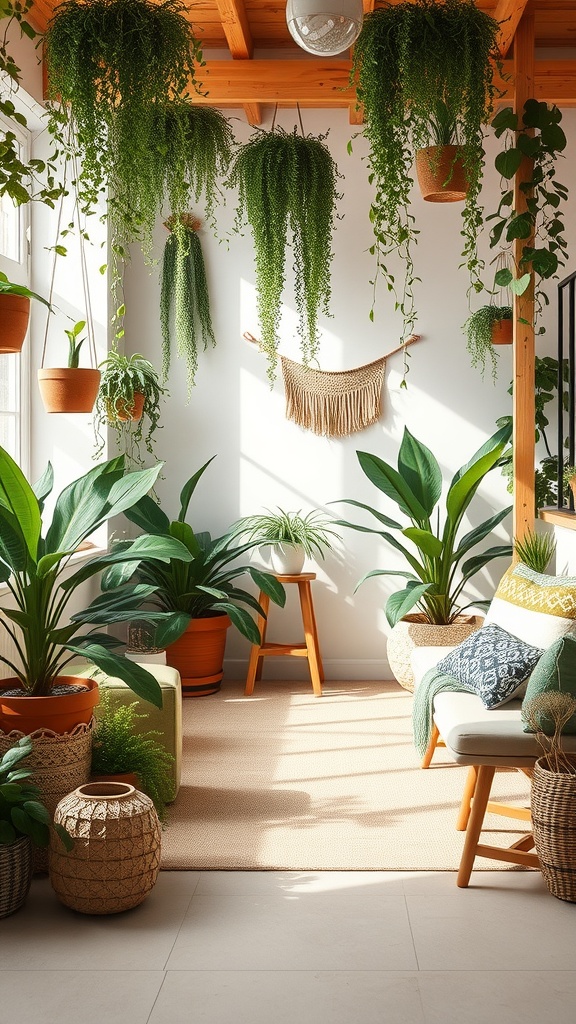 A cozy room filled with various plants and wooden furniture, showcasing a boho chic decor style.