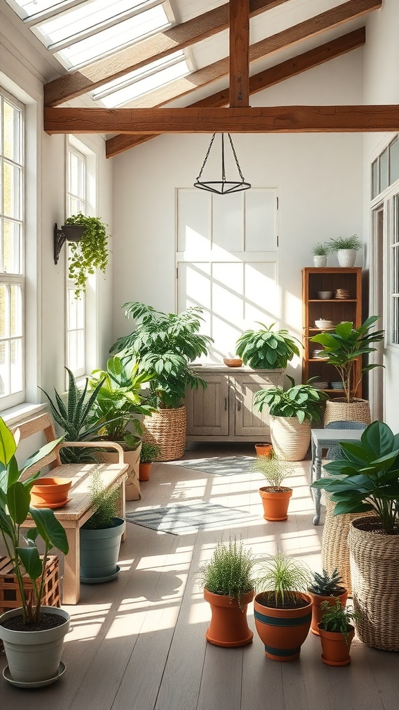 A bright room filled with various potted plants, showcasing a mix of greenery and rustic decor elements.