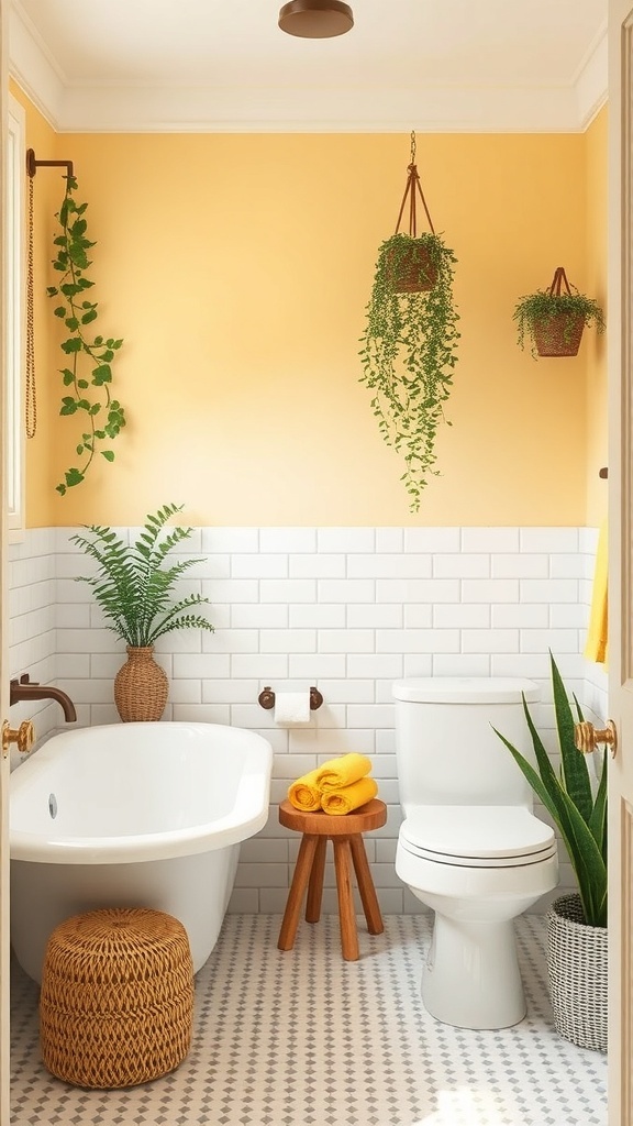 A cozy bathroom featuring yellow walls, hanging plants, and natural decor.