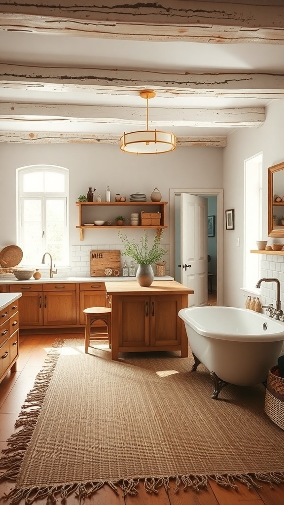 A rustic kitchen with wooden cabinets, a natural fiber rug, and a bathtub, showcasing a cozy and inviting atmosphere.