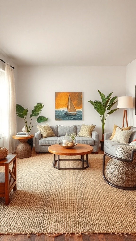 A cozy living room featuring natural fiber rugs, modern furniture, and plants.