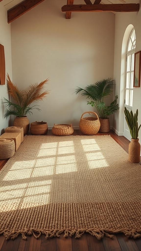 A spacious room featuring a natural fiber rug, surrounded by potted plants and woven baskets.