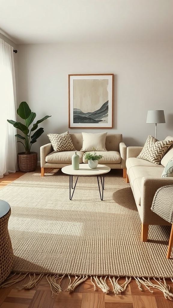A cozy living room featuring a natural fiber rug, a light-colored sofa, and a potted plant.