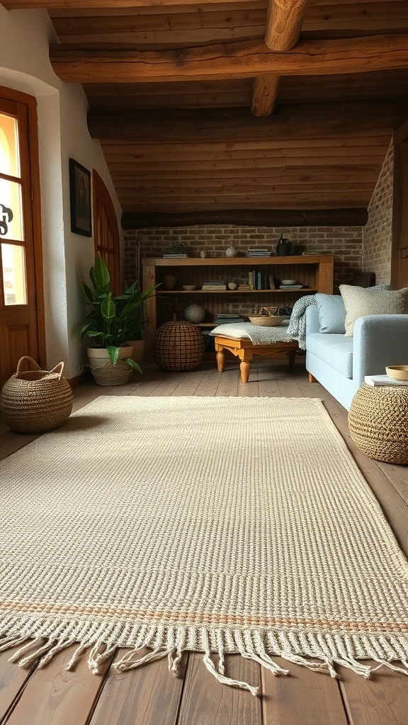 A natural fiber rug in a cozy living room setting with wooden beams and plants.