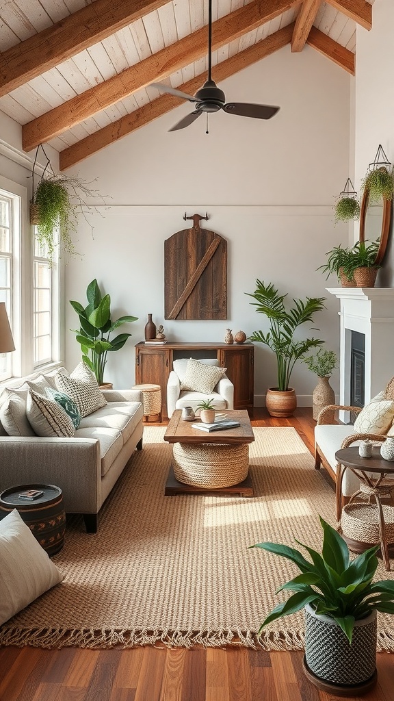 A cozy living room featuring a natural fiber rug, with plants and rustic decor.