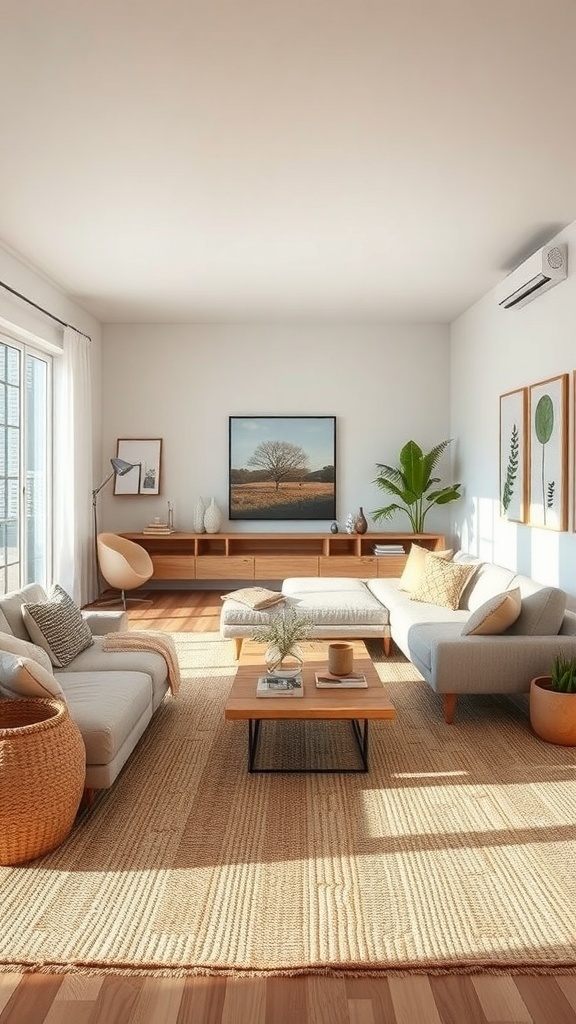A cozy living room featuring a natural fiber rug, wooden furniture, and plants, creating an earthy interior design.