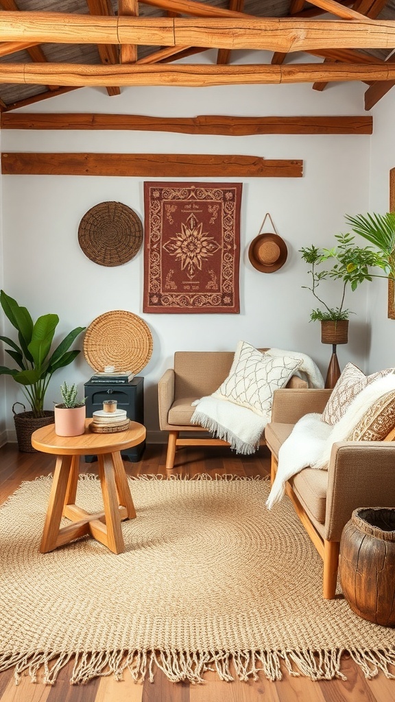 Cozy living room with a natural fiber rug, wooden furniture, and rustic decor.