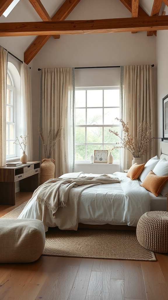 A cozy bedroom featuring natural fiber textiles, including light curtains, a soft bedspread, and woven poufs.