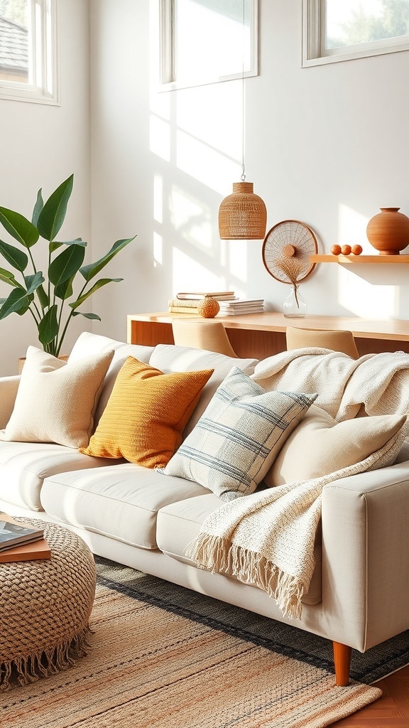 Cozy living room with natural fiber textiles, featuring a sofa with cushions, a woven blanket, and a patterned rug.