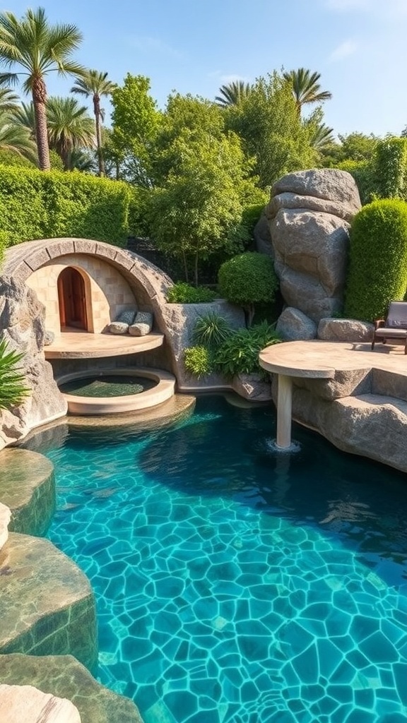 Natural lagoon pool surrounded by rocks and greenery with a hot tub and wooden deck