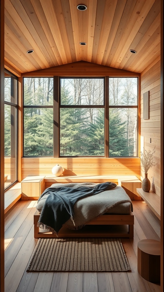 A cozy sauna space with large windows, wooden walls, and a bed, filled with natural light.