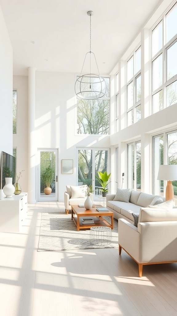 Bright and airy living and dining room with large windows and modern furniture.