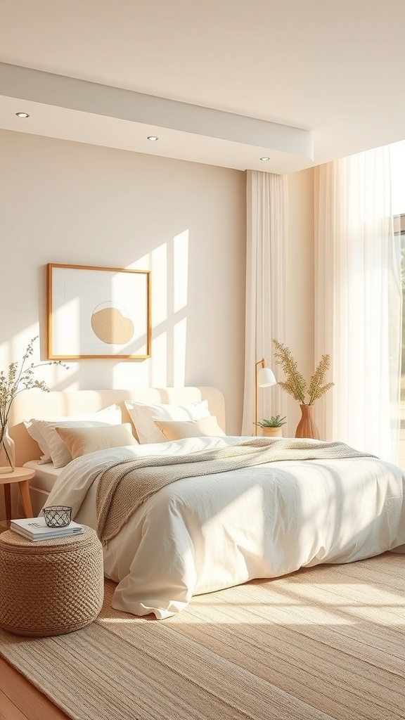 Bright and airy bedroom with natural light, neutral tones, and cozy decor.
