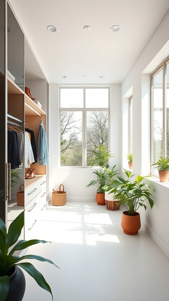 A bright and airy walk-in closet featuring large windows, natural light, and potted plants.