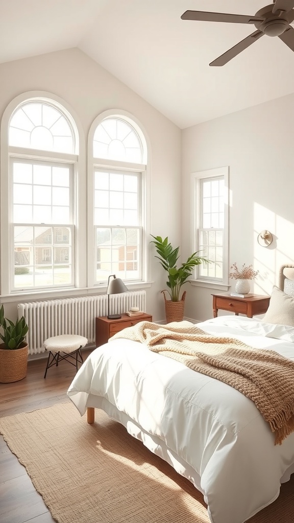 A bright and airy minimalist farmhouse bedroom with large windows and natural light.