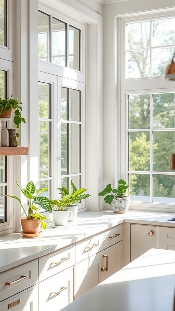 A bright kitchen with large windows, white cabinetry, and plants on the countertop
