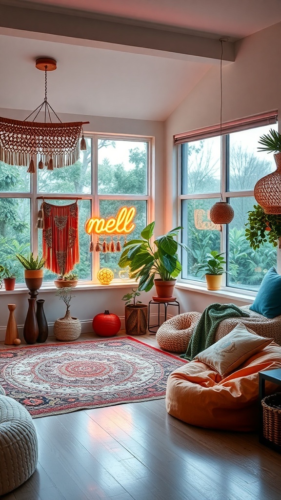 A bright and airy room with large windows, cozy seating, plants, and colorful decor.