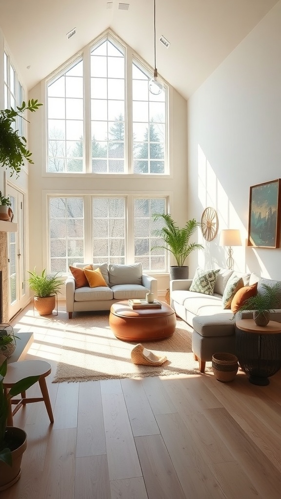 A bright and cozy living room with large windows, comfortable seating, and plants.