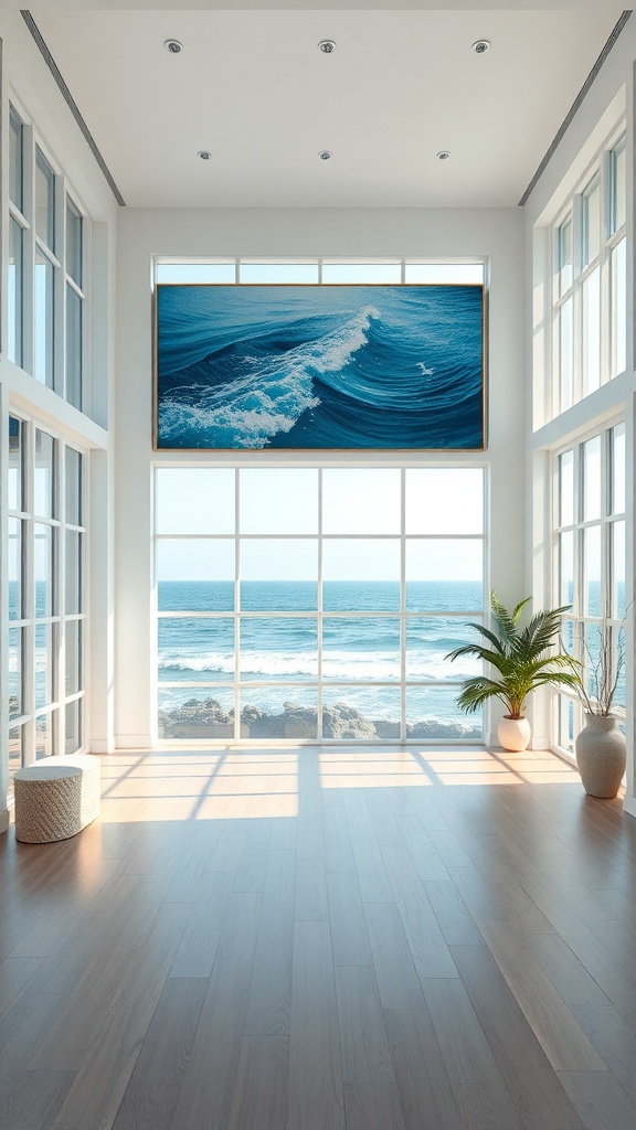 Bright interior with ocean view and large windows, featuring a wave artwork and a potted plant.