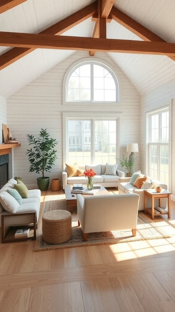 A cozy farmhouse living room with large windows, natural light, and open space.
