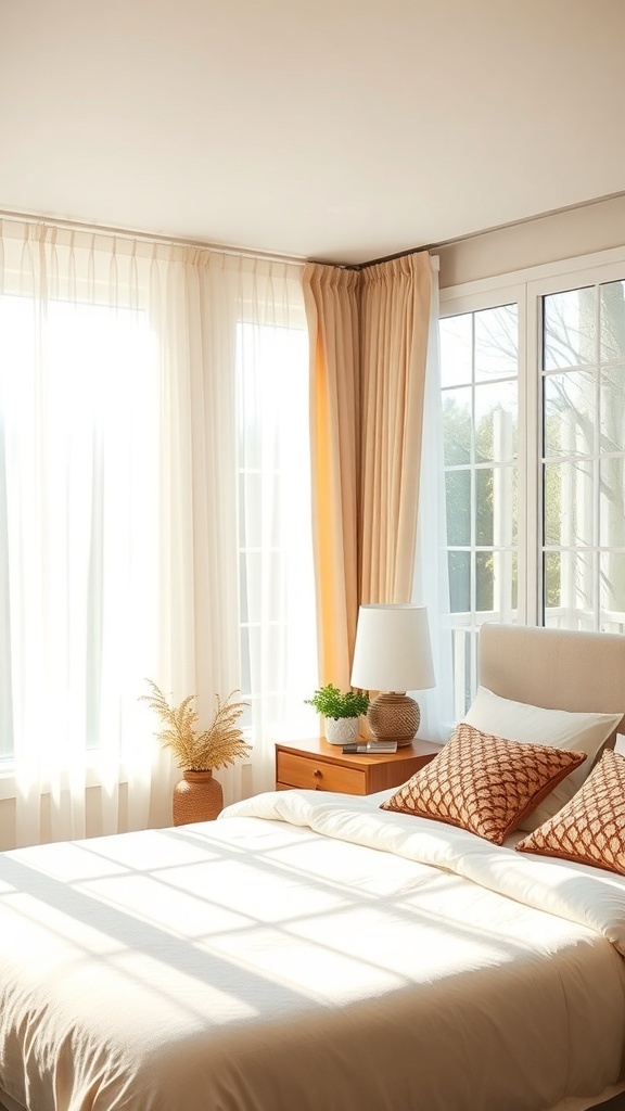 A cozy bedroom with natural light streaming through soft curtains, featuring a neatly made bed and a bedside table with a plant.