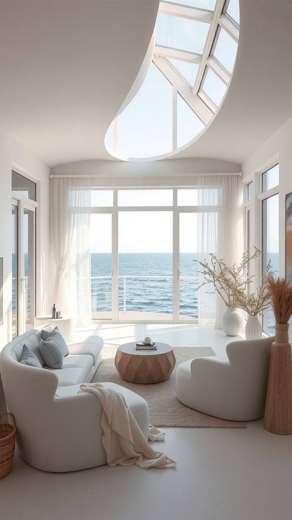 A bright and airy living room with large windows overlooking the ocean, featuring modern furniture and a cozy atmosphere.