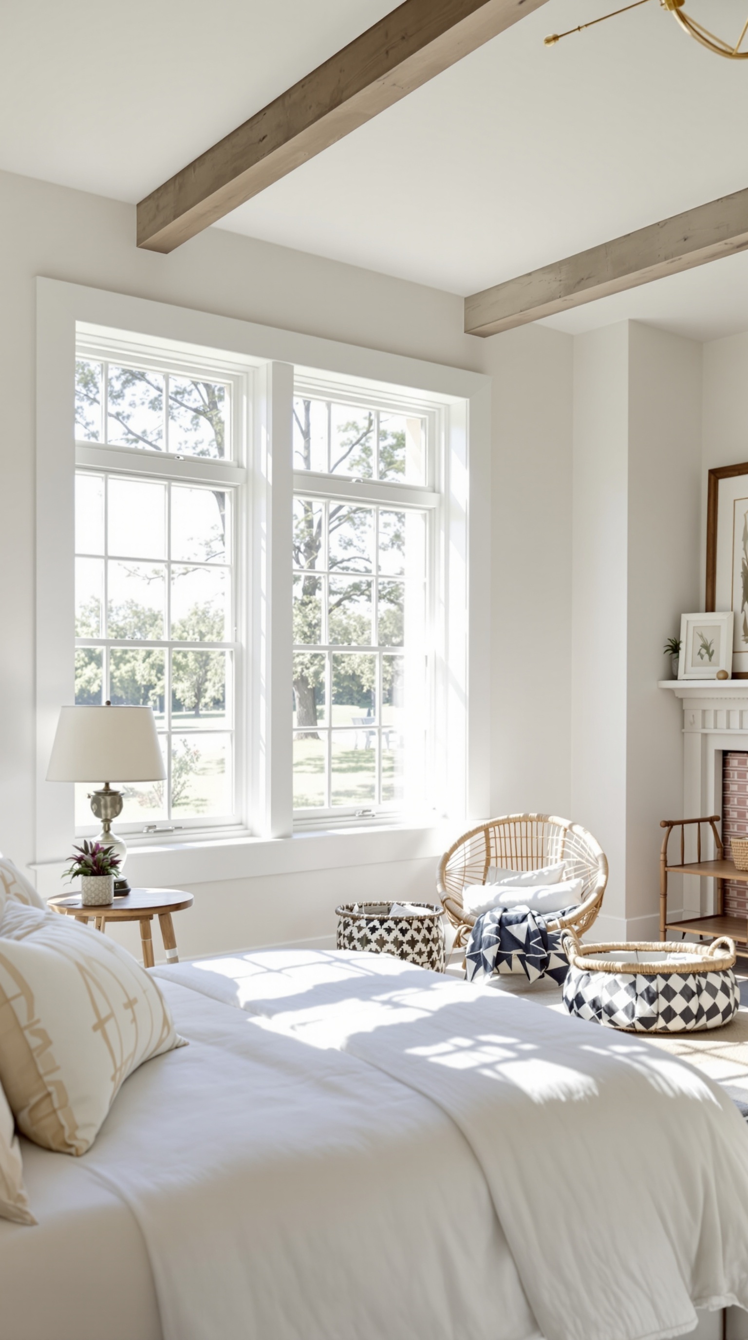 A cozy farmhouse bedroom with large windows allowing natural light to fill the space.