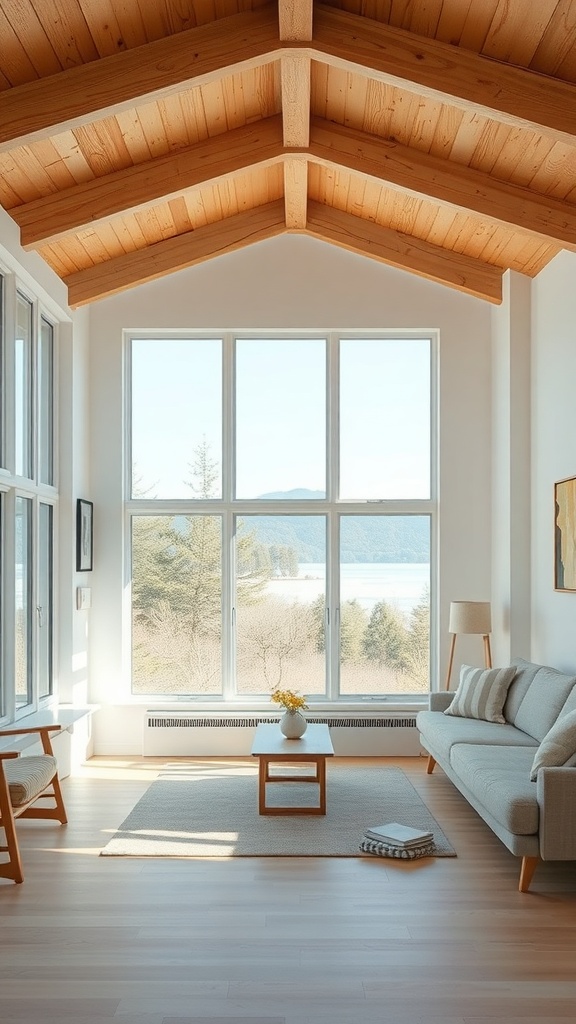 A bright Scandinavian living room with large windows and wooden accents.