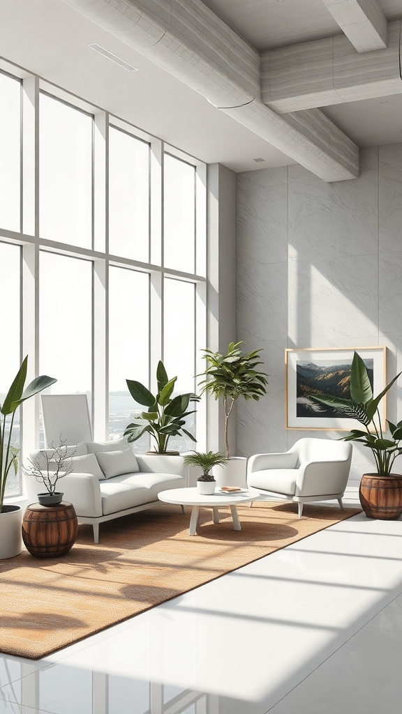 A bright and airy living room with large windows, white furniture, and indoor plants.