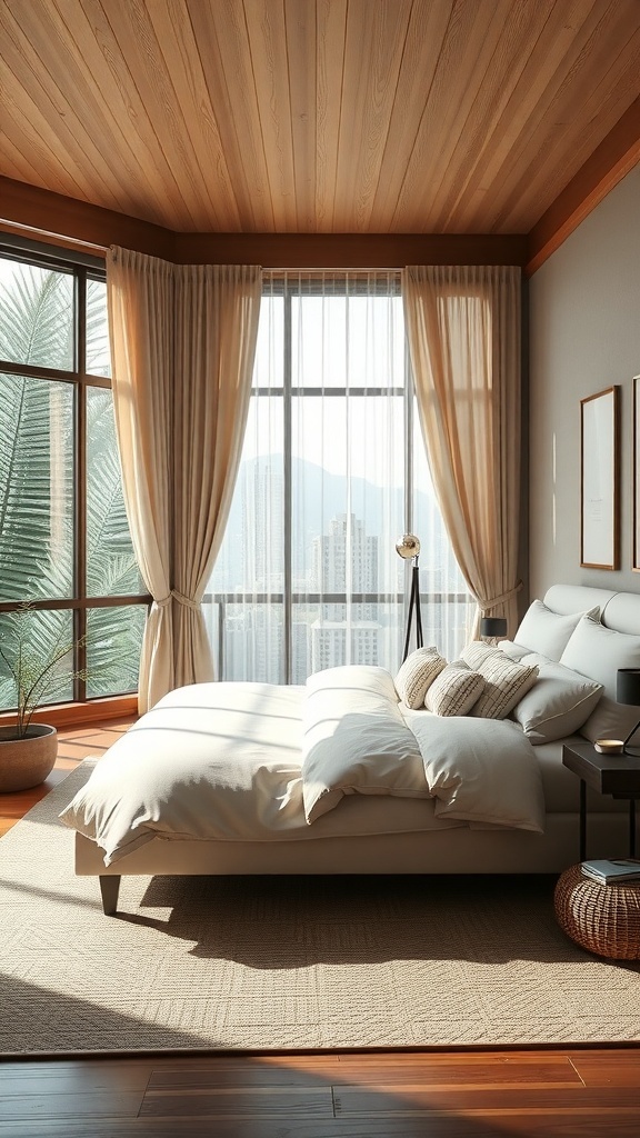 A serene Japandi bedroom with large windows, soft curtains, and natural light.