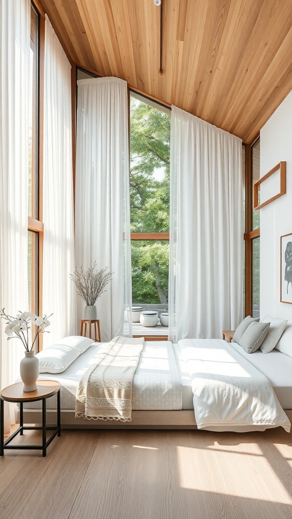 A serene Japandi bedroom with large windows, natural light, and wooden accents.