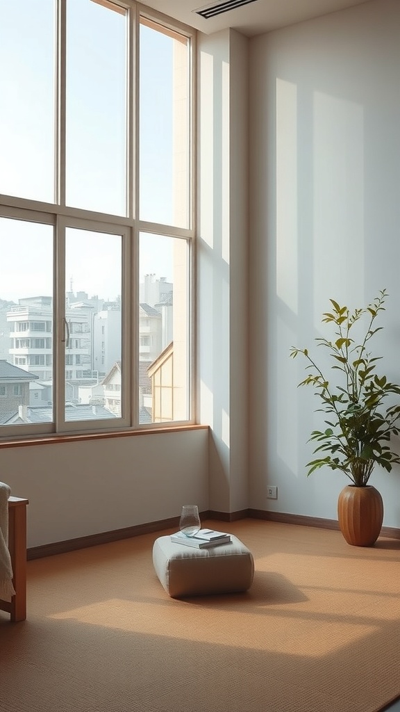 A bright room with large windows, a small plant, and minimalist decor.