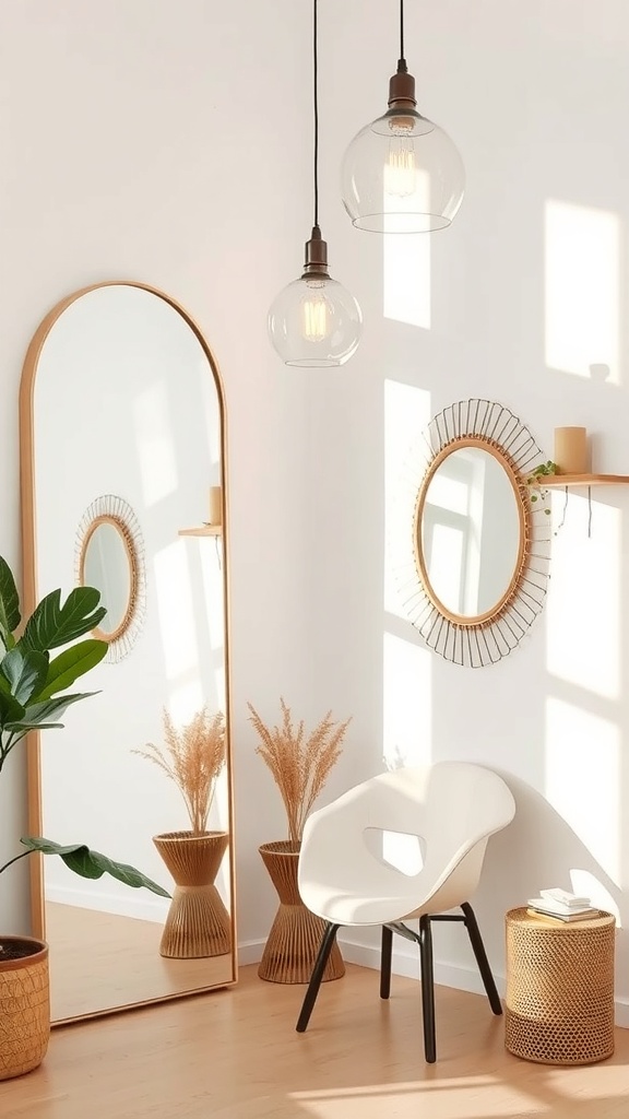 A bright room featuring mirrors, hanging lights, and plants.