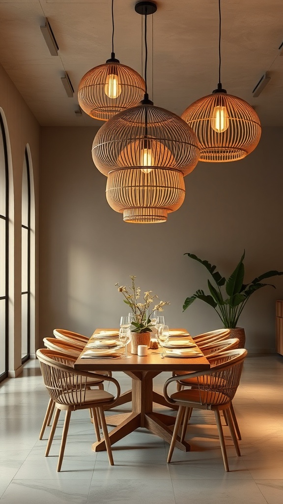 A dining area featuring stylish woven light fixtures above a wooden table with chairs.
