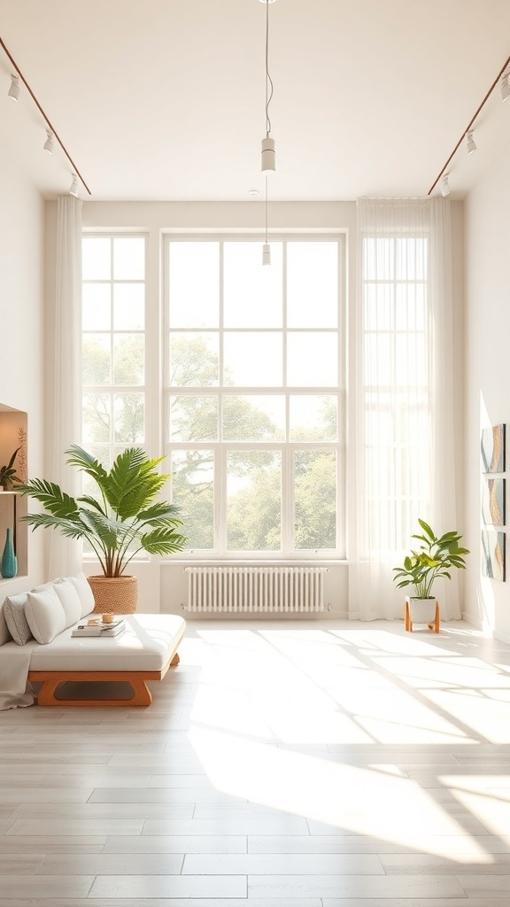 Bright room with large windows, plants, and a cozy seating area