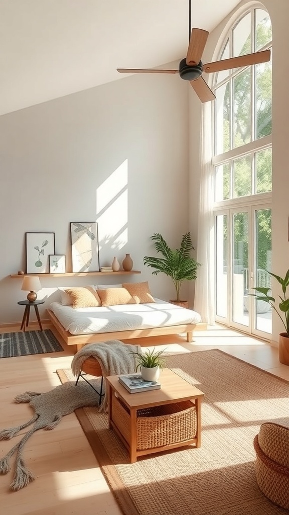 Bright and airy living room with large windows, wooden furniture, and plants