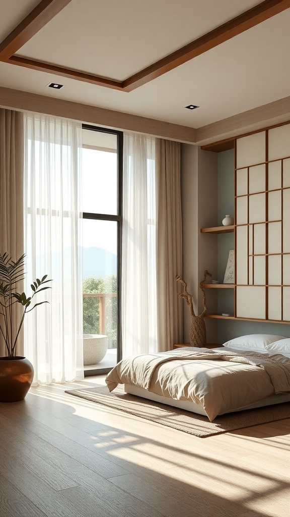 A serene Japandi bedroom with large windows allowing natural light, soft curtains, and light wood flooring.