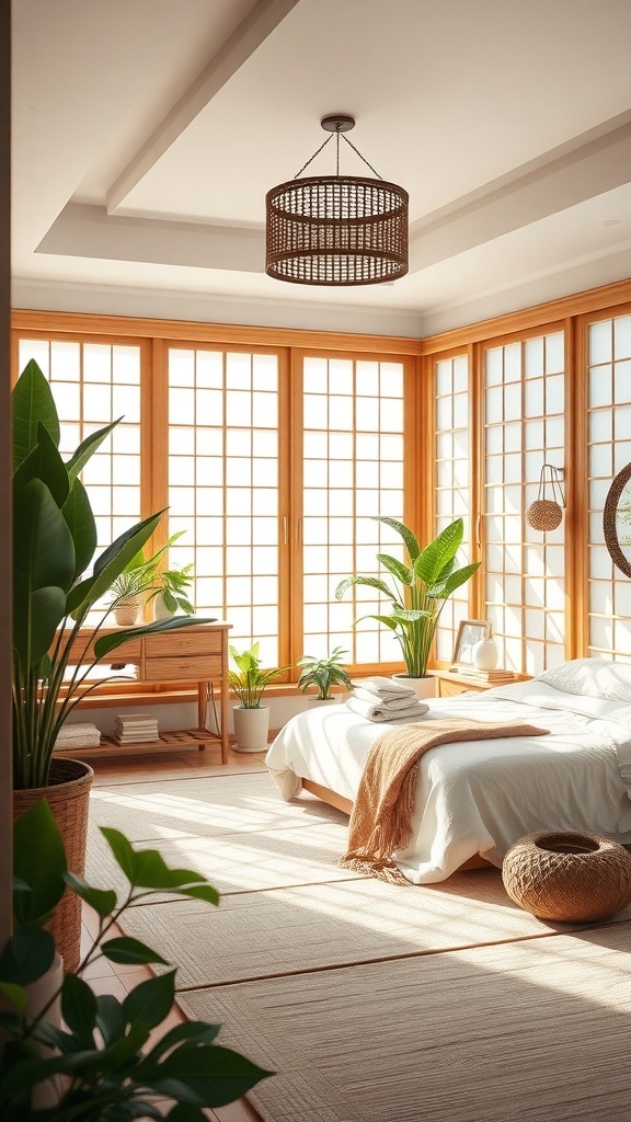 A bright and airy bedroom with large windows, wooden furniture, and indoor plants, showcasing a Japandi style.