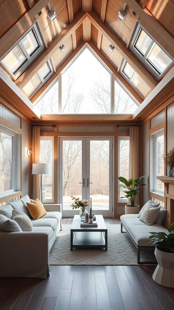 Heller Wohnbereich eines Tiny Houses mit großen Fenstern und Holzverkleidung