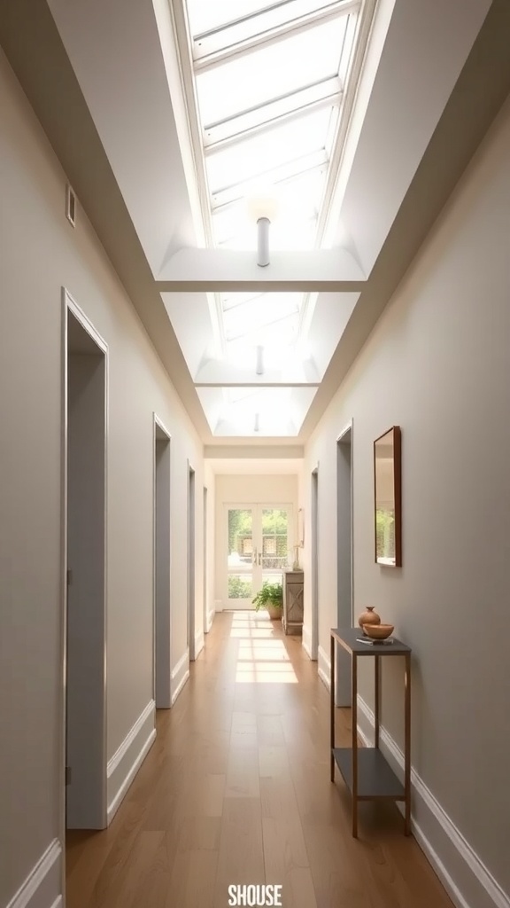 A bright hallway featuring skylights that allow natural light to flood the space.