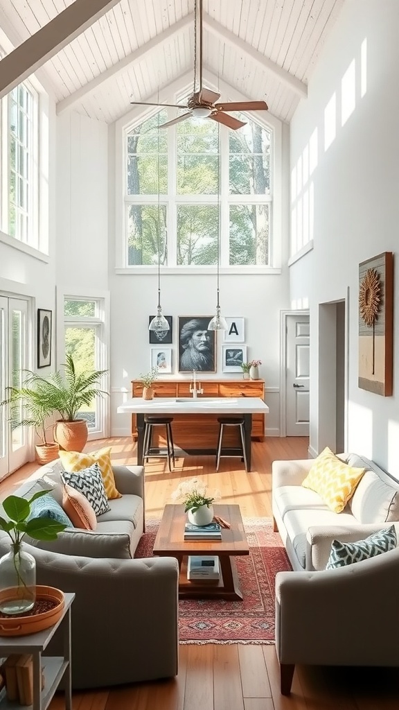Bright and airy rustic farmhouse living space with large windows and natural light