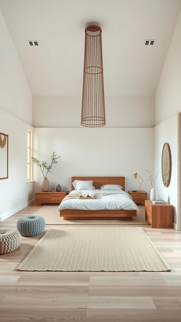 Minimalist Japanese bedroom with natural material accents, featuring wooden furniture and soft textiles.