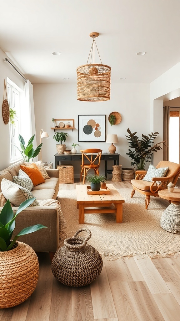 A cozy living room featuring natural materials like wood and woven elements, with plants and warm tones.