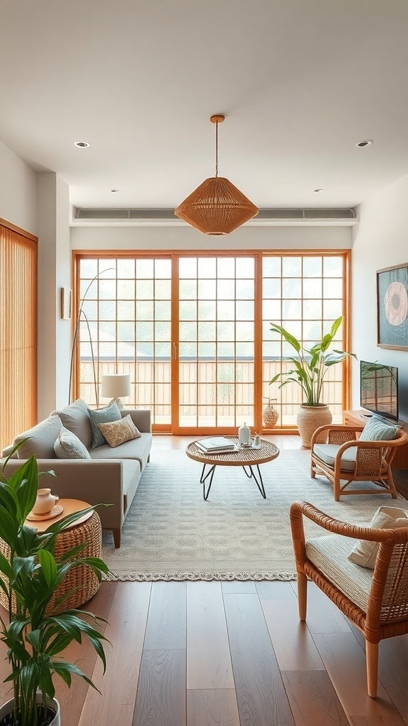 A cozy Japandi living room featuring natural materials, wooden flooring, and plants.