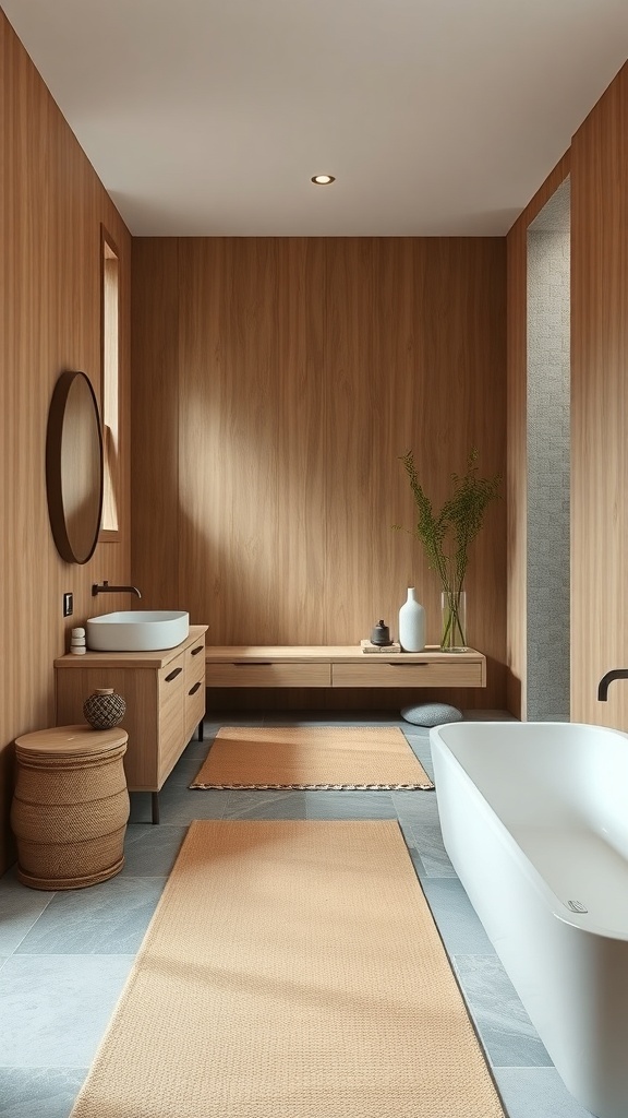 Minimalistisches Badezimmer mit Holz- und Steinelementen