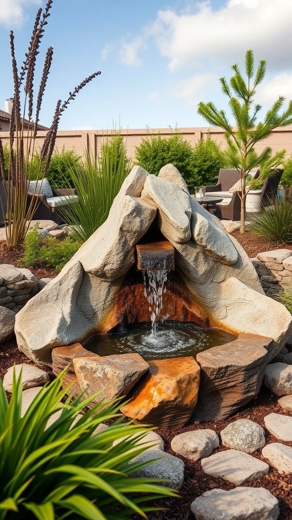 A natural rock fountain with water flowing over stones, surrounded by greenery and garden decor.
