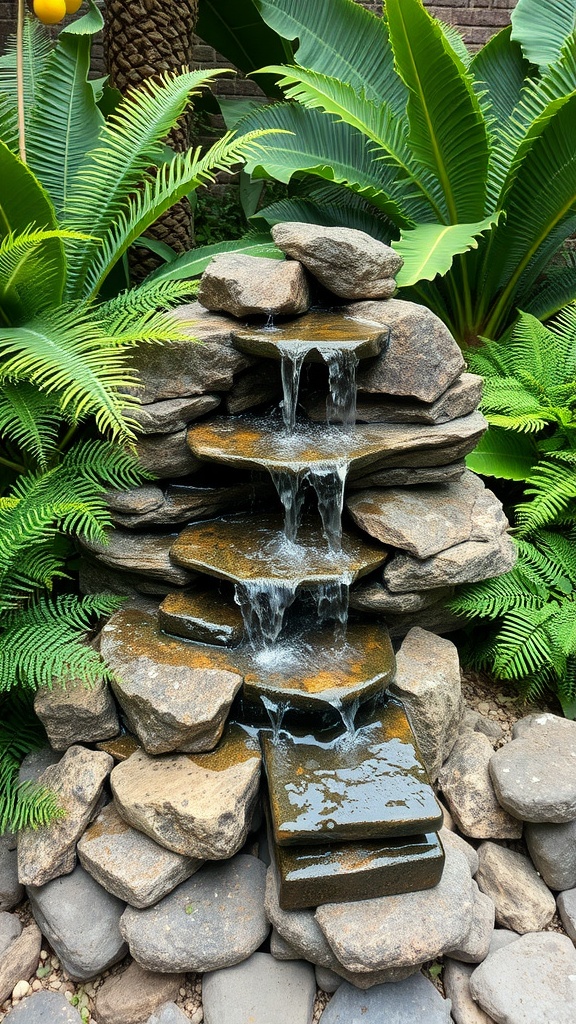 A natural rock waterfall fountain surrounded by lush green plants.