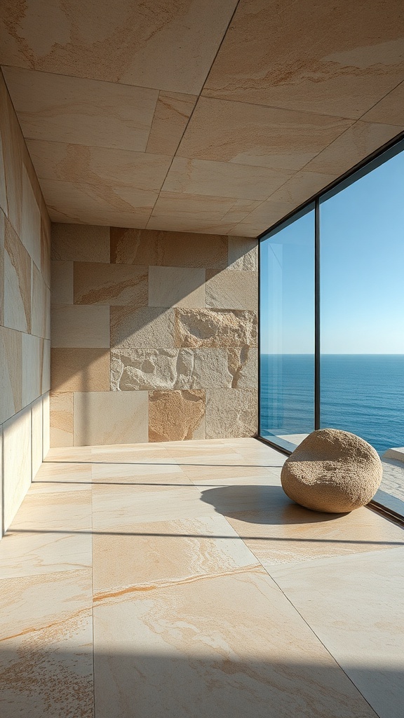 A modern interior with natural stone walls and flooring, featuring large windows overlooking the ocean.
